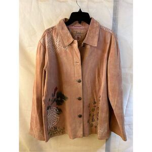 Chicos Anniversary collection leather suede jacket Pink Oriental Design rn#79984